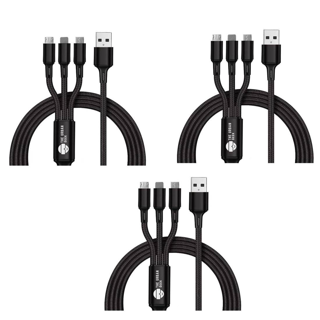 3-in-1 Fast Charging USB Cable [3 Pack] for Smartphones, Tablets, Headphones - 3.25 Feet